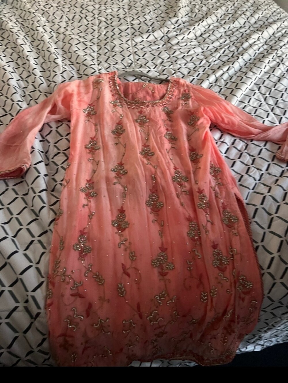 Rhinestone And Mirror Work Coral Salwar Shalwar Kameez - Picture 2 of 11